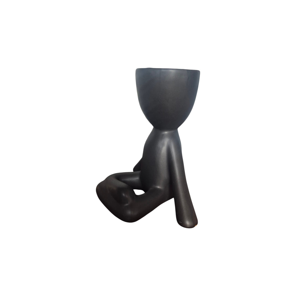 Black large laid-back yoga Egghead Planter, seated view