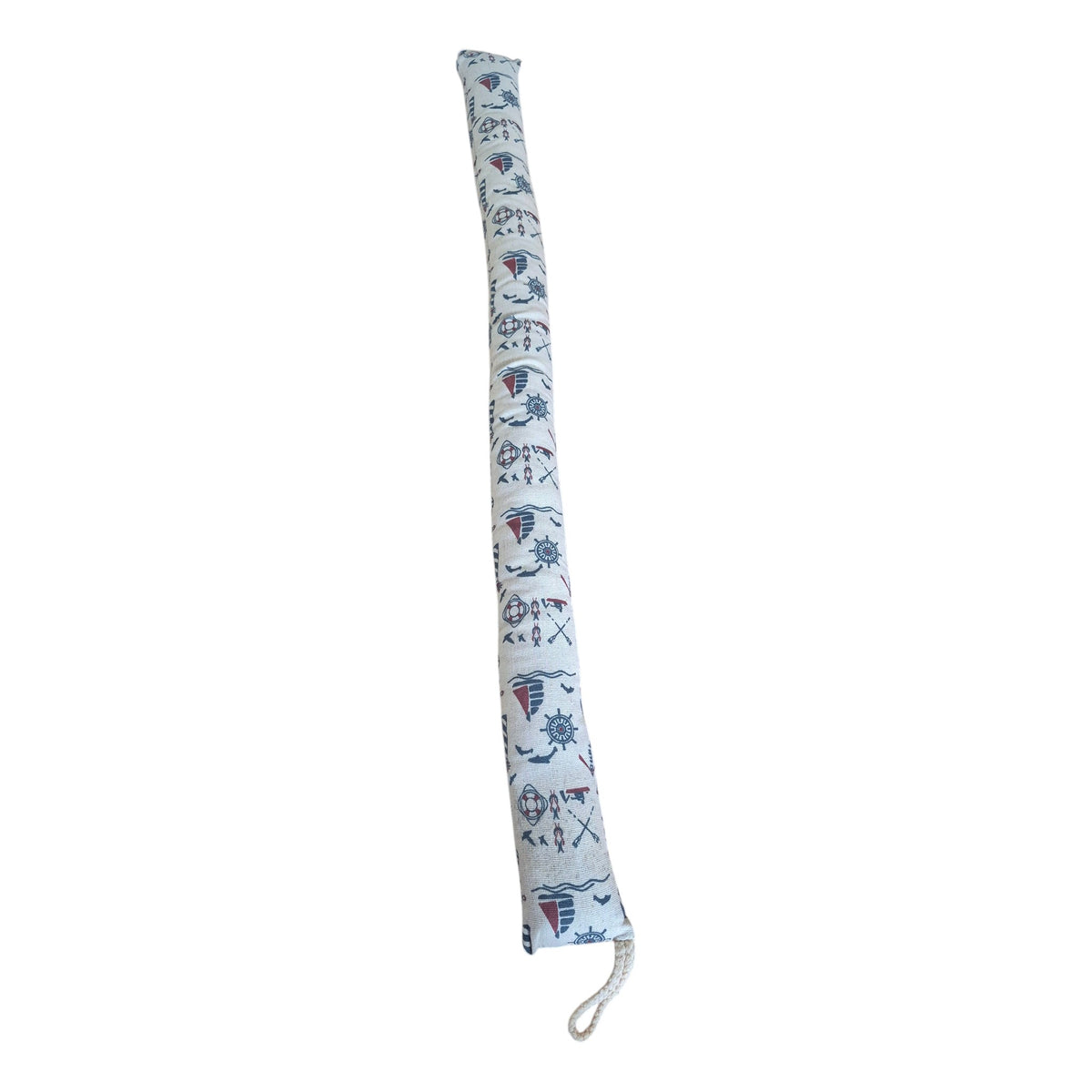Ships Ahoy Draught Stopper 85cm laid straight, showing nautical print and hanging loop