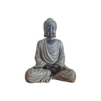 Back view of resin meditating Buddha showing grey robe and textured hair