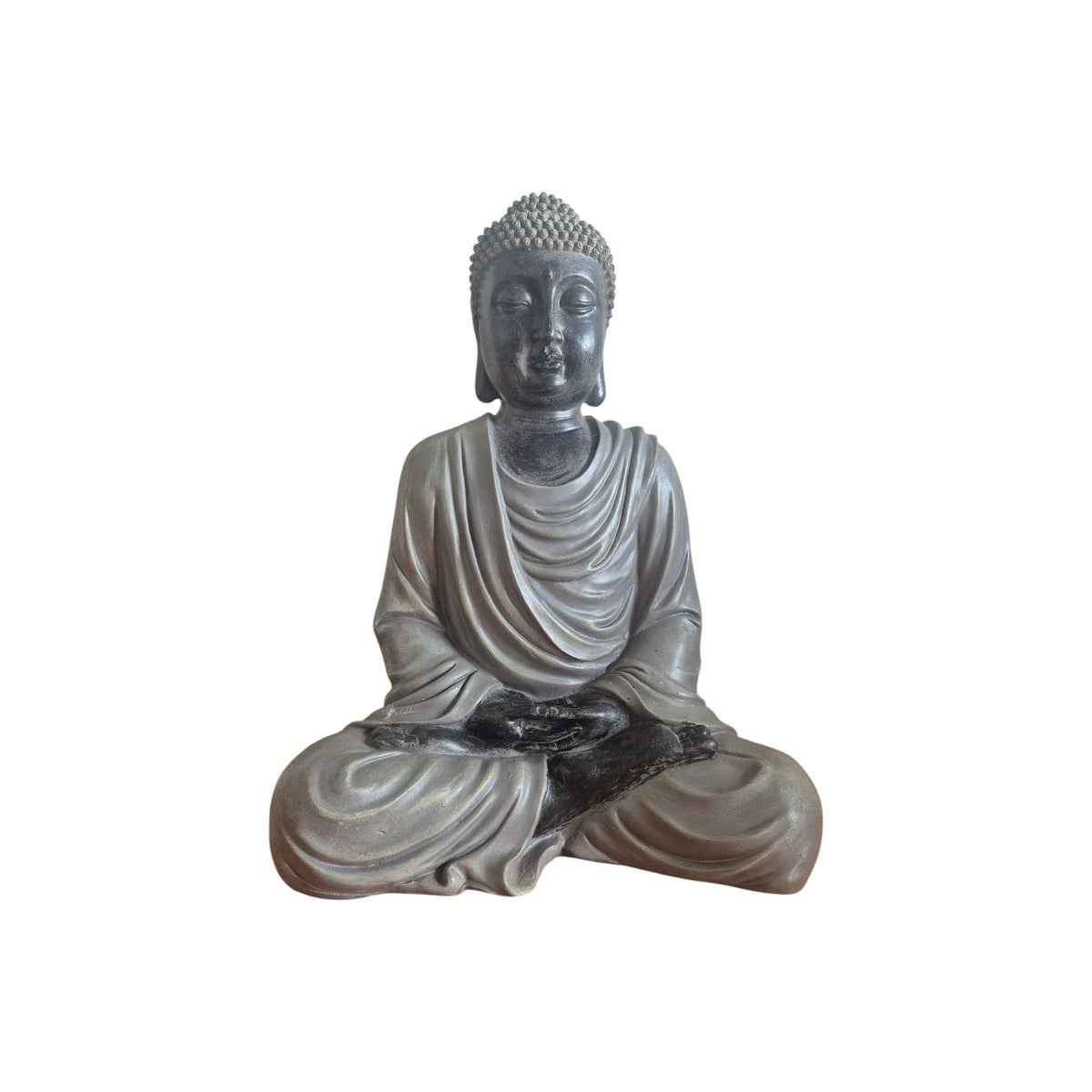 Back view of resin meditating Buddha showing grey robe and textured hair