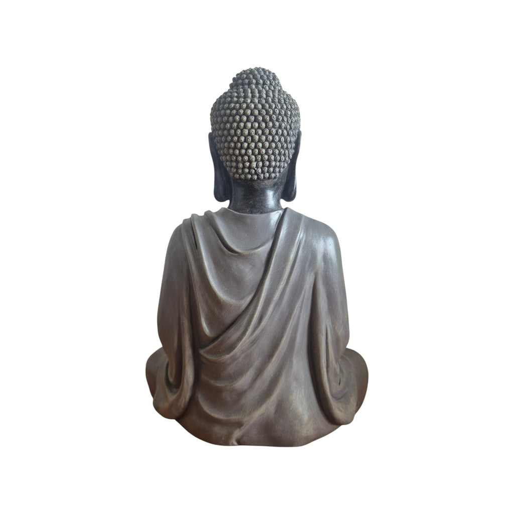 Front view of black and grey resin meditating Buddha seated with hands resting in lap