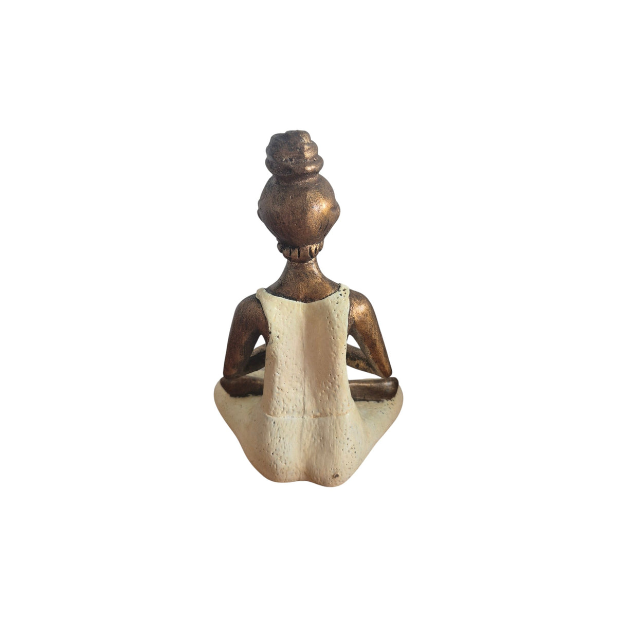 Back view of seated cream Yoga Lady tealight holder showing outfit and hair bun