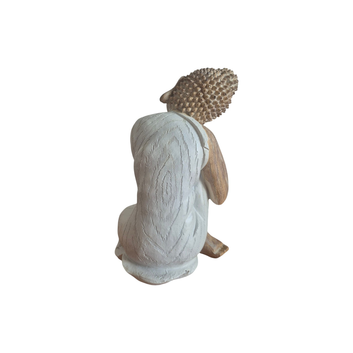 Side view of seated wood-look Sleeping Buddha showing pale textured robe