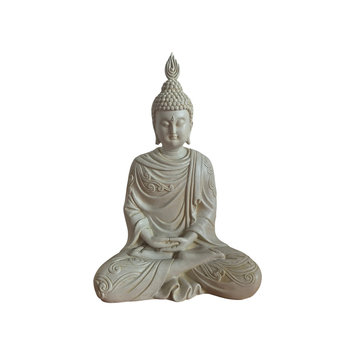 Side view of cream meditating Buddha showing tall hair ornament and draped robe
