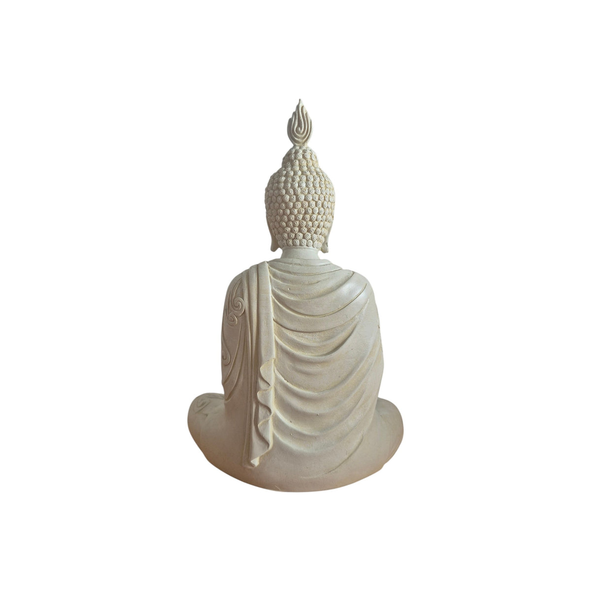 Front view of cream Buddha seated in meditation with hands in lap and ornate robe