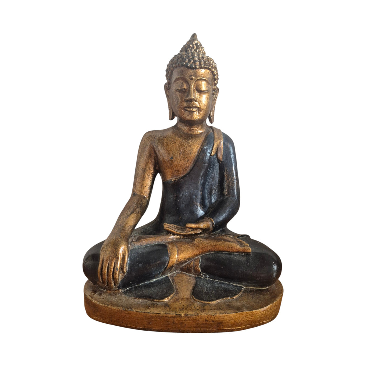 Back view of black and gold Bhumisparsha Buddha showing textured hair and dark robe