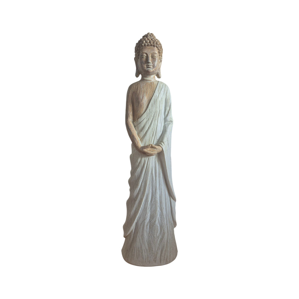 Front view of 25 cm wood-look Buddhist figure standing with hands clasped and pale robe