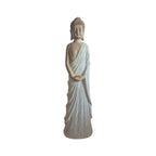 Front view of 25 cm wood-look Buddhist figure standing with hands clasped and pale robe