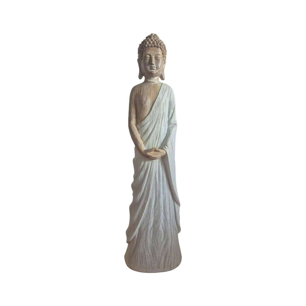 Front view of 25 cm wood-look Buddhist figure standing with hands clasped and pale robe