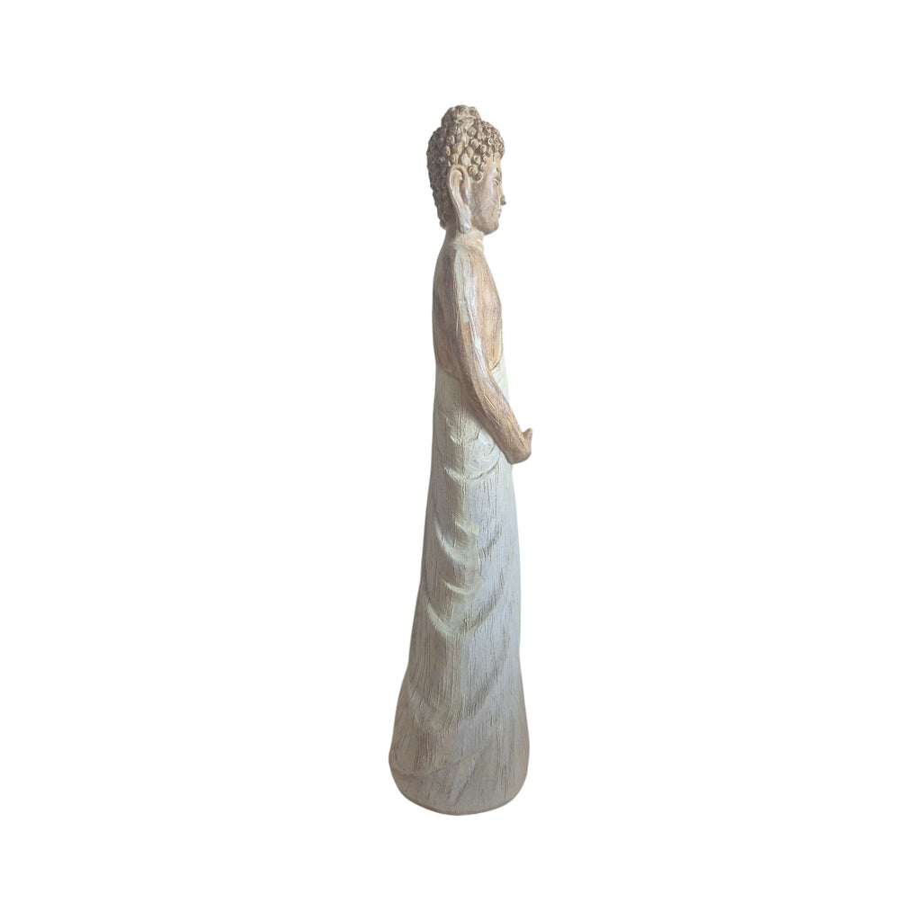 Back view of wood-look Buddhist statuette showing textured hair and long robe