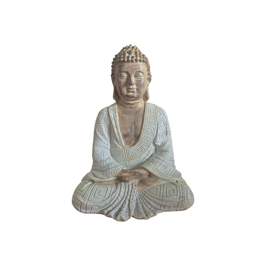 Back view of wood-look meditating Buddha showing textured hair and patterned pale robe