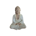 Back view of wood-look meditating Buddha showing textured hair and patterned pale robe