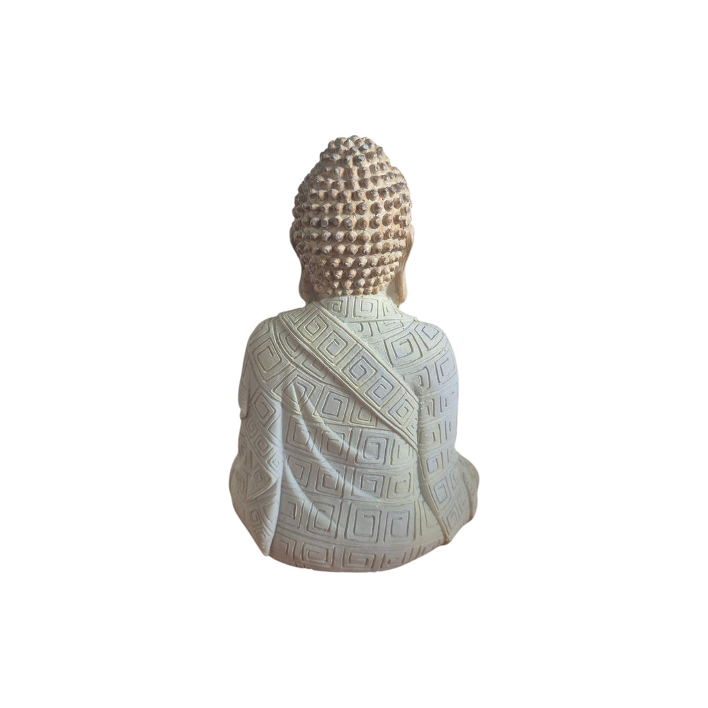 Side view of wood-look meditating Buddha showing geometric robe pattern