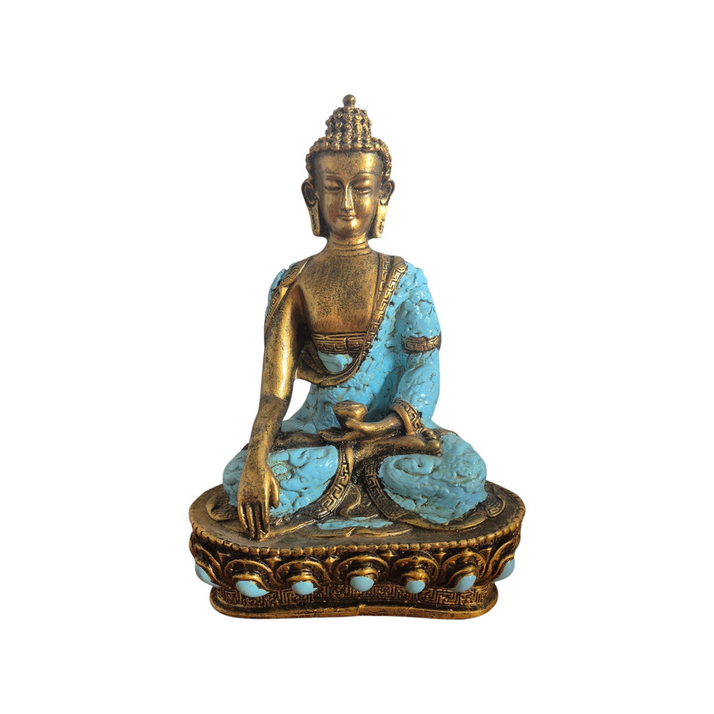 Back view of turquoise Buddha showing ornate robe and gold-coloured base
