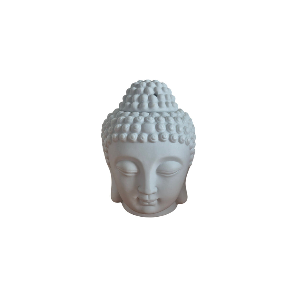 Back view of white Buddha head oil burner showing tealight opening and ventilation holes