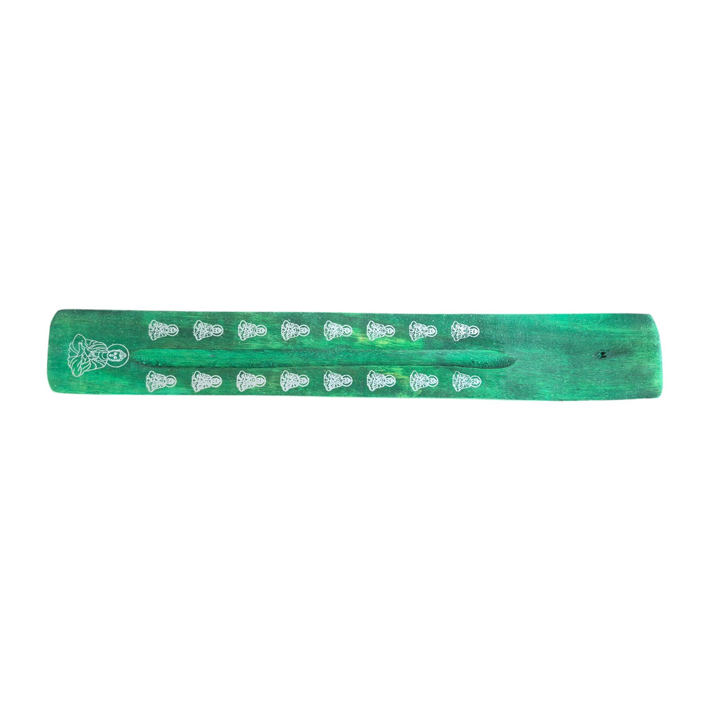 Orange wooden incense holder with yin-yang motifs, angled view