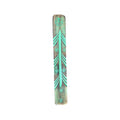 Handmade wooden incense holder with turquoise-coloured carved pattern, angled view