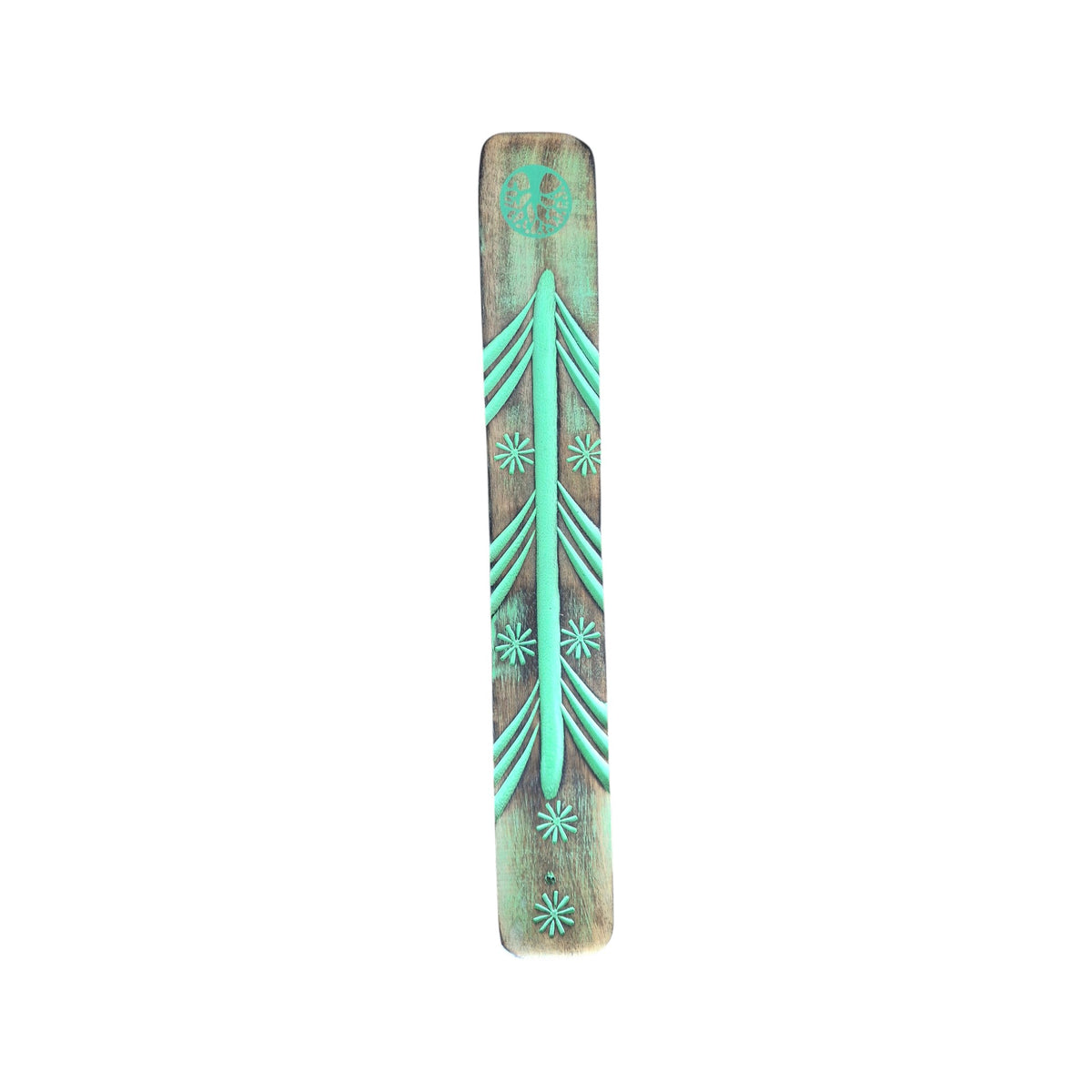 Handmade wooden incense holder with turquoise-coloured carved pattern, angled view