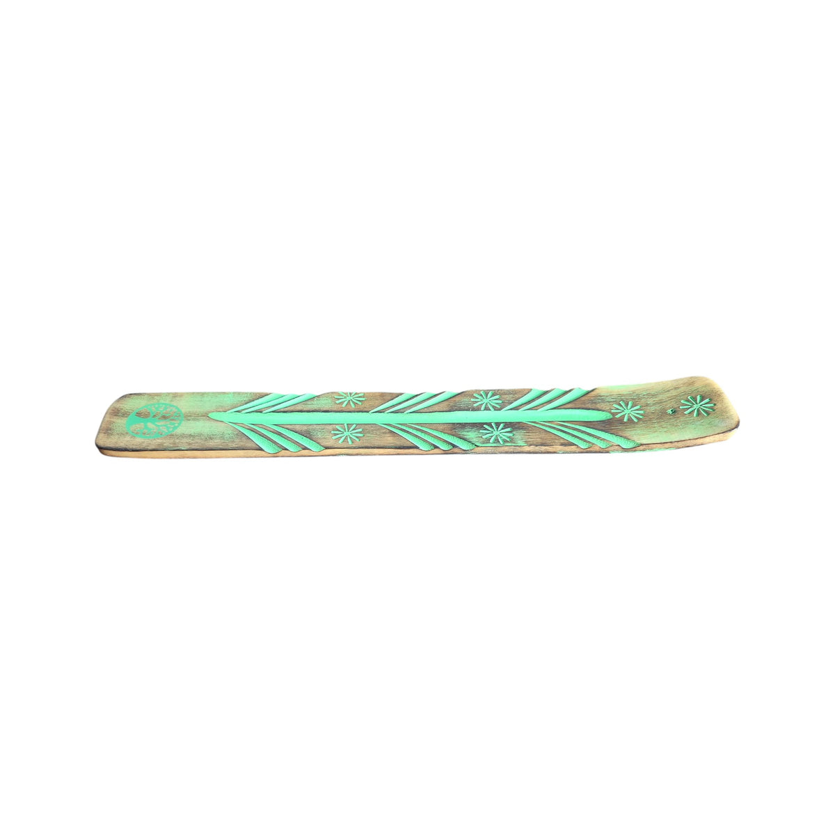Handmade wood incense holder showing turquoise-coloured detailing and central groove