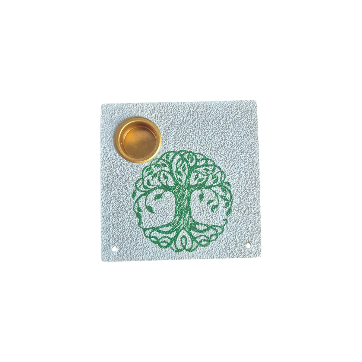 Tree of Life cone and incense stick holder with green tree motif, recessed cone cup and two stick holes