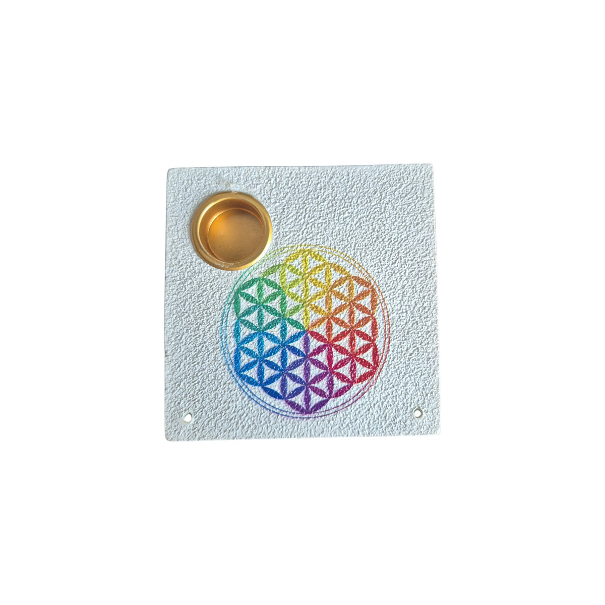 7 Chakras Flower of Life cone and stick incense holder with rainbow geometric motif, cone cup and two stick holes