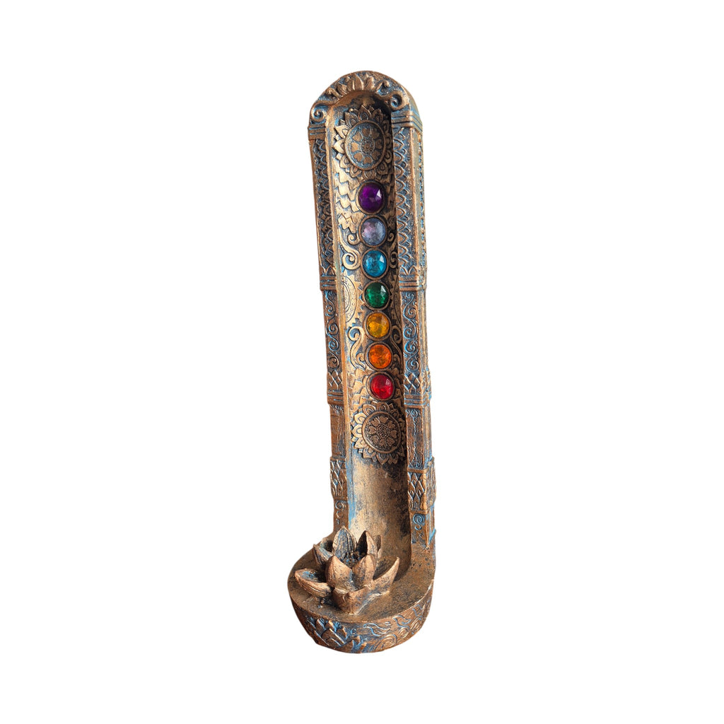 7 Chakras Lotus upright incense holder showing carved-look side and lotus-shaped base