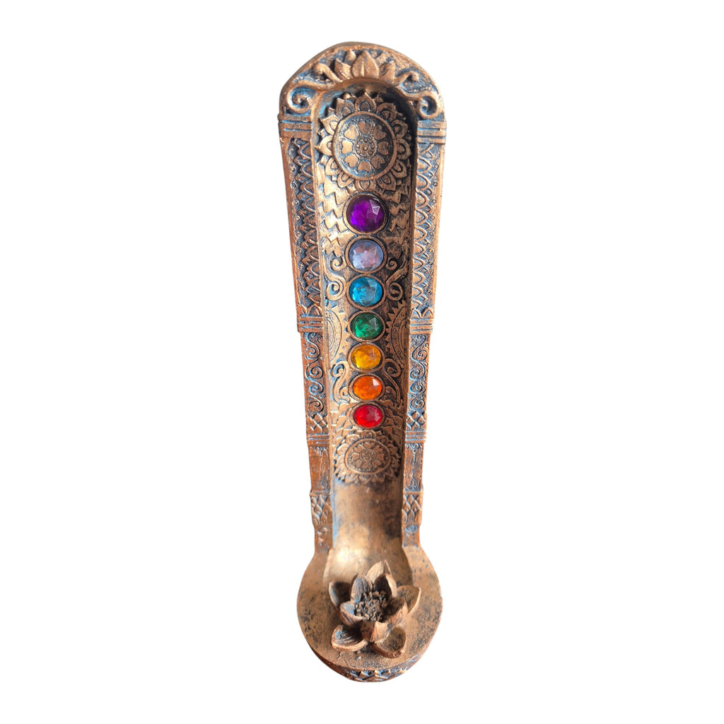 Front of 7 Chakras Lotus upright incense holder with seven coloured accents and lotus base