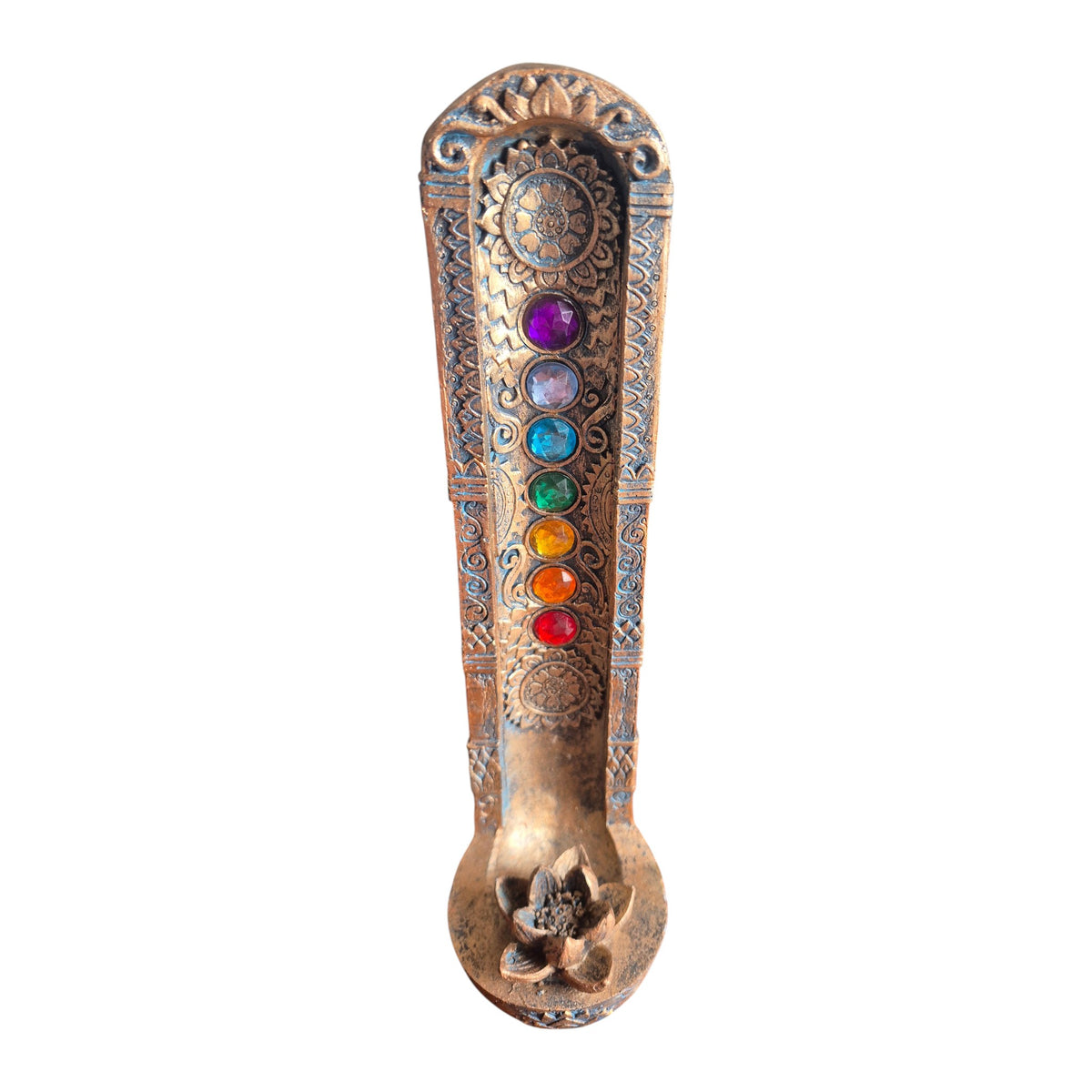 Front of 7 Chakras Lotus upright incense holder with seven coloured accents and lotus base