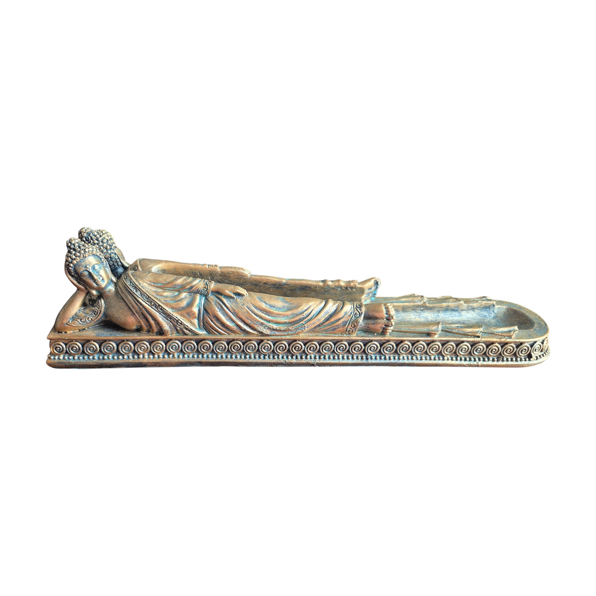 Top view of reclining Buddha incense holder with long central ash-catching tray