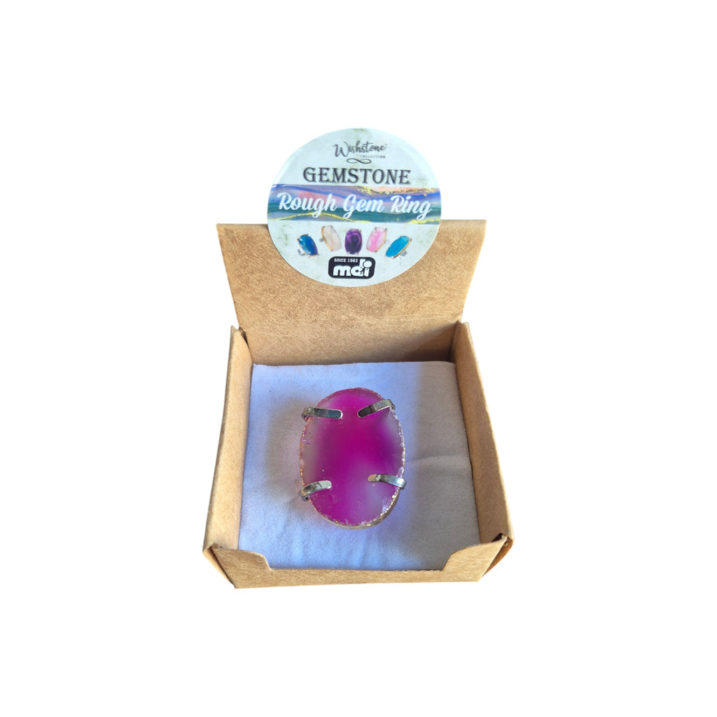 Example purple rainbow agate ring in silver-coloured four-claw setting