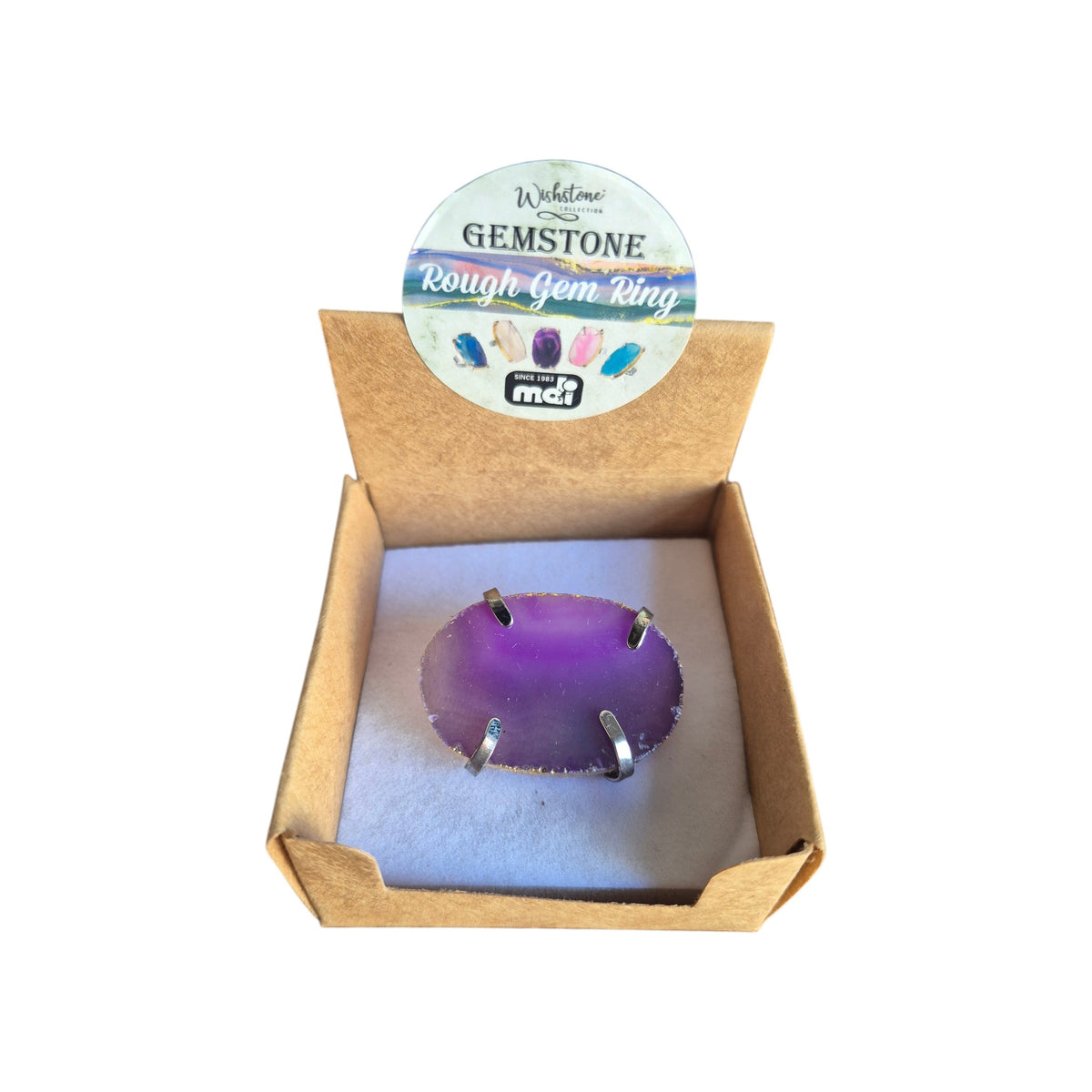 Back of purple agate ring showing silver-coloured band and four-claw setting
