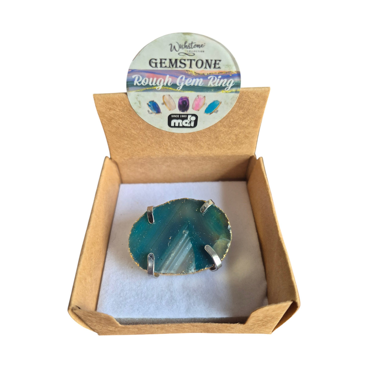 Example blue rainbow agate ring in silver-coloured four-claw setting
