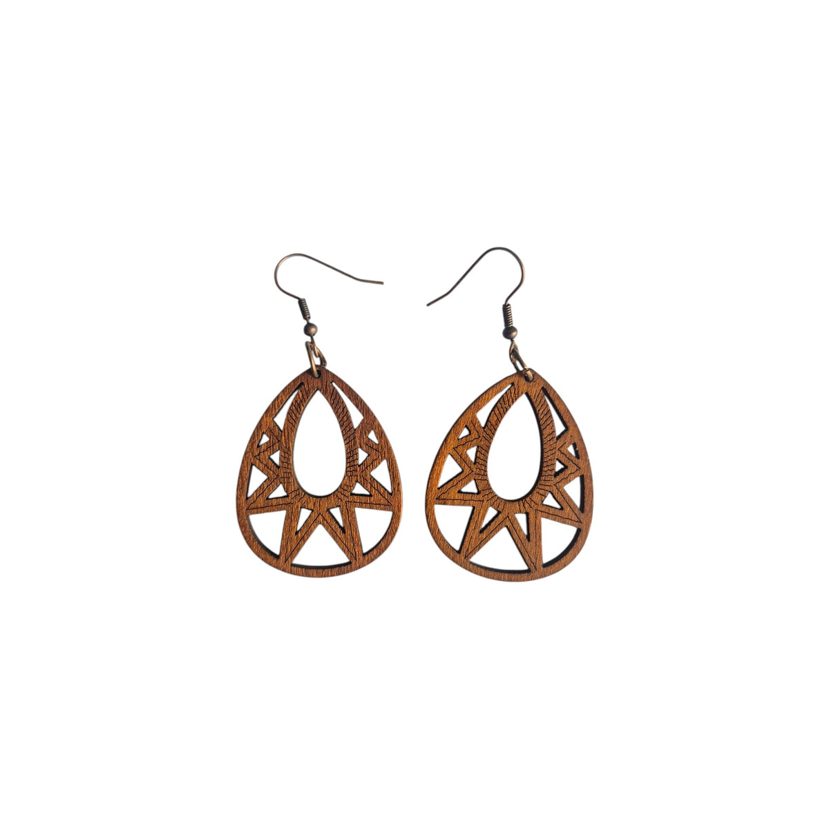 Pair of brown wooden teardrop earrings with open teardrop centres, geometric triangular cut-outs and hook ear wires on white