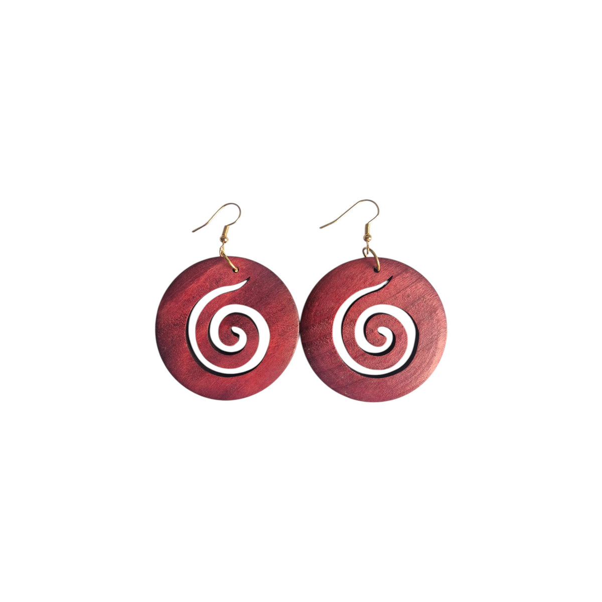 Pair of reddish-brown round wooden earrings with spiral cut-outs and gold-tone hook ear wires on a white background