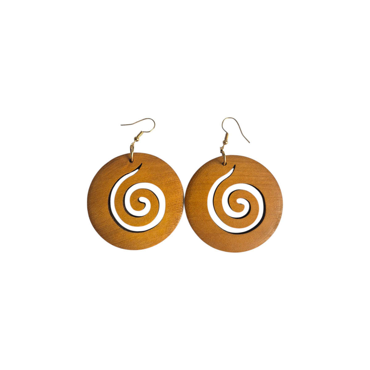Pair of honey-coloured round wooden drop earrings with spiral cut-outs and gold-tone hook ear wires on a white background