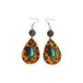 Leopard-print PU leather teardrop earrings with turquoise-coloured teardrop embellishments, decorative silver-tone surrounds, floral connectors and hook ear wires