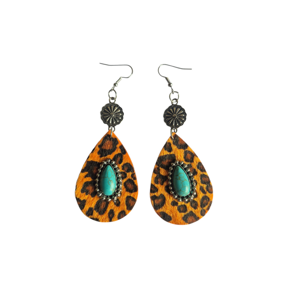 Leopard-print PU leather teardrop earrings with turquoise-coloured teardrop embellishments, decorative silver-tone surrounds, floral connectors and hook ear wires