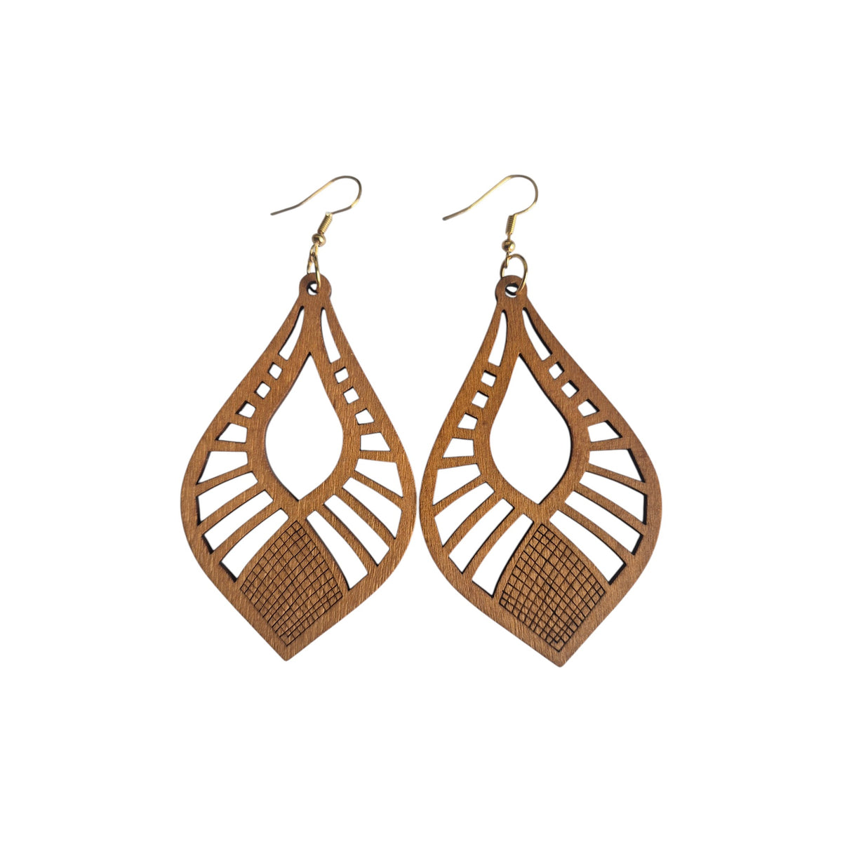 Pair of brown pointed wooden drop earrings with open centres, radiating geometric cut-outs, crosshatch-patterned bases and gold-tone hooks on white