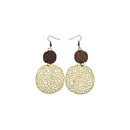 Pair of double disc earrings with dark brown tops, cream circles with irregular cut-outs and bronze-tone hook ear wires on white
