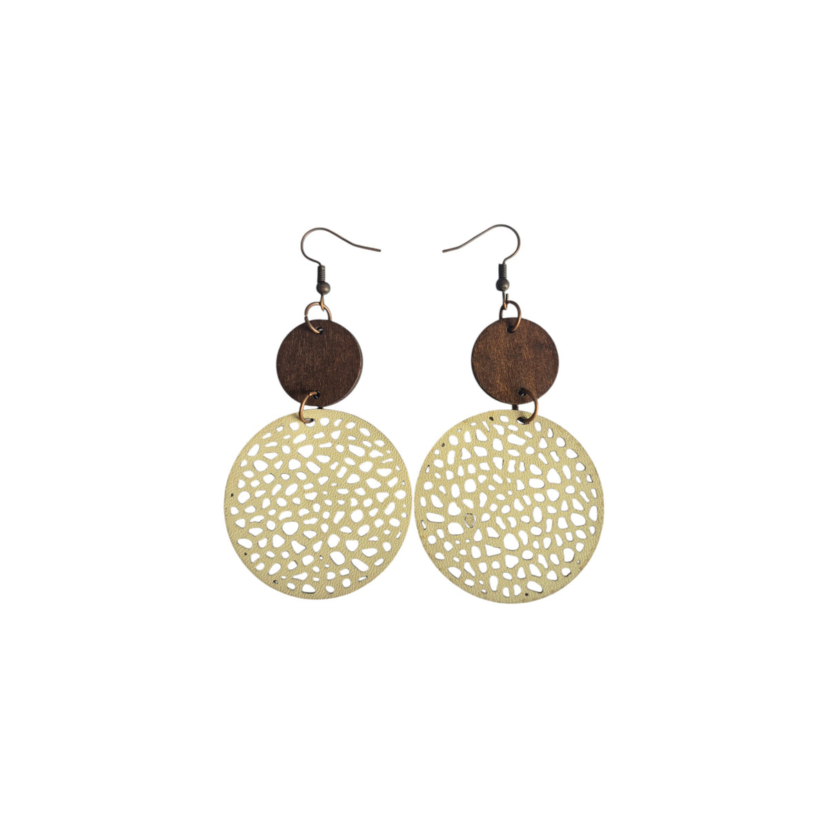 Pair of double disc earrings with dark brown tops, cream circles with irregular cut-outs and bronze-tone hook ear wires on white
