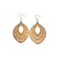 Pair of warm brown filigree teardrop earrings with ornate cut-out detailing and hook ear wires against a white background