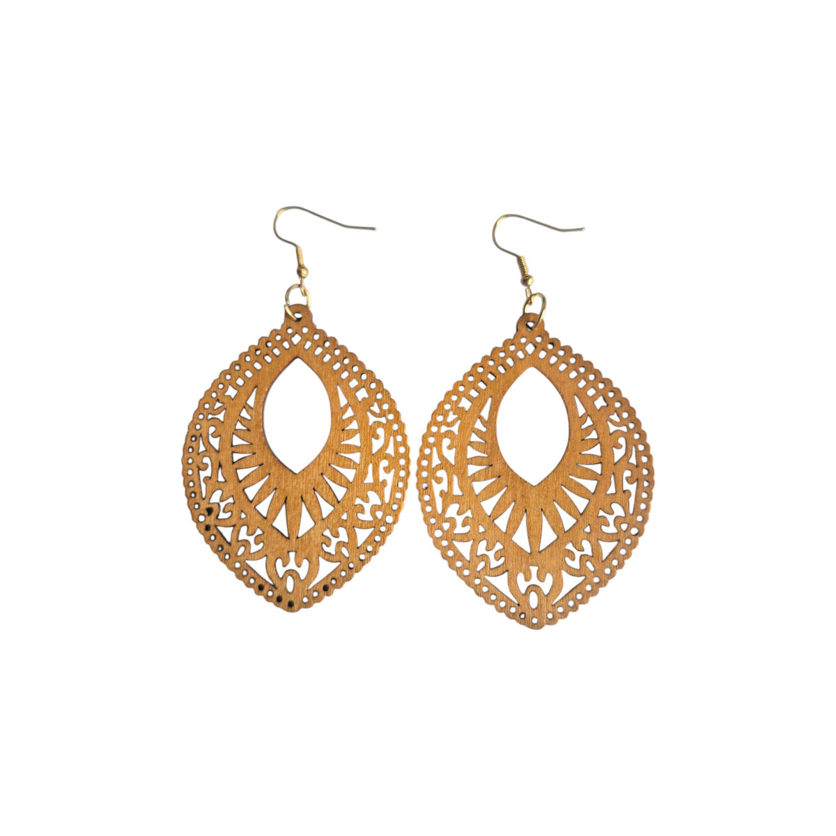 Pair of warm brown filigree teardrop earrings with ornate cut-out detailing and hook ear wires against a white background