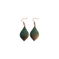 Pair of bronze-tone metal drop earrings with green geometric diamond patterns and hook ear wires on a white background