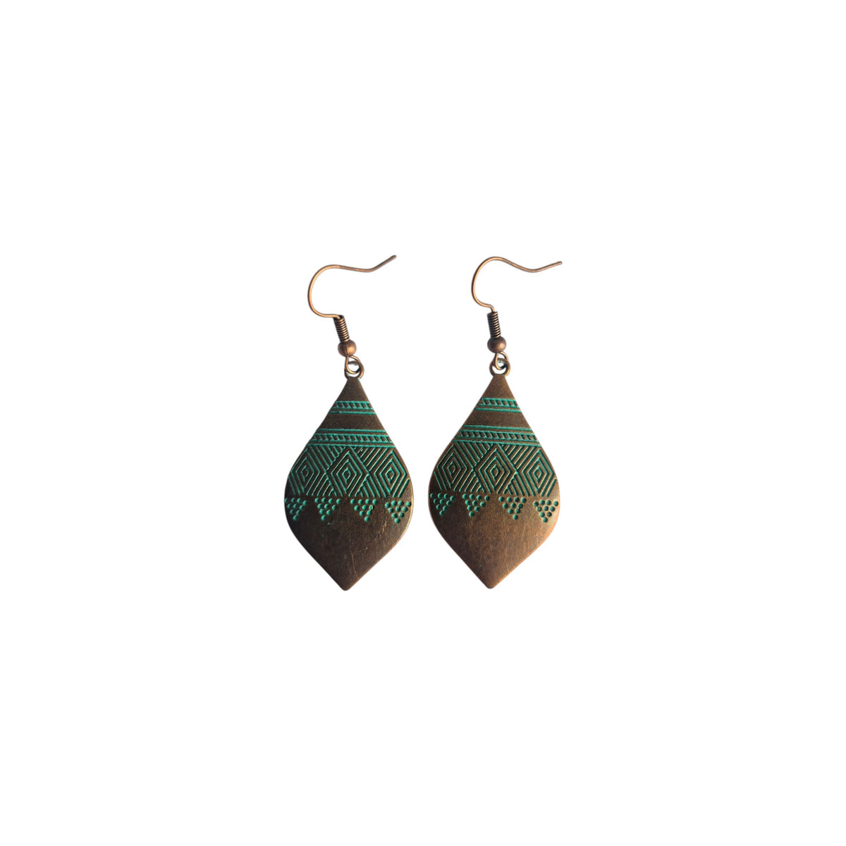 Pair of bronze-tone metal drop earrings with green geometric diamond patterns and hook ear wires on a white background