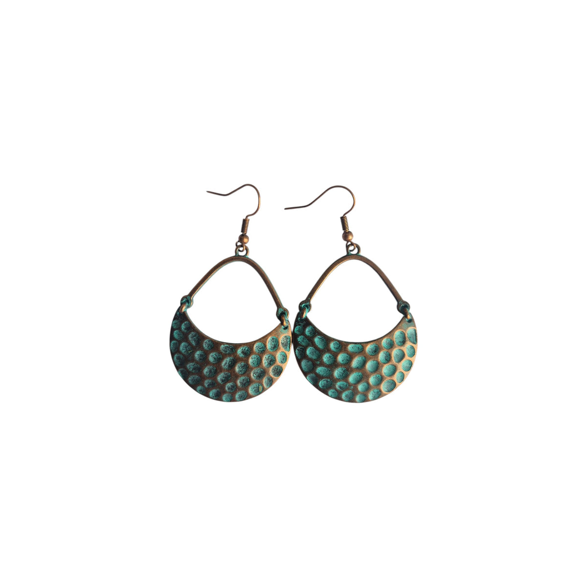 Pair of bronze-tone metal drop earrings with open teardrop frames and green circular detailing on curved lower panels