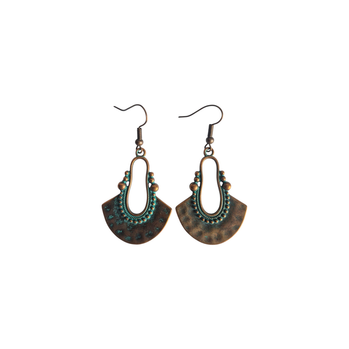 Pair of bronze-tone fan-shaped metal drop earrings with elongated open centres, green accents and hook ear wires on white