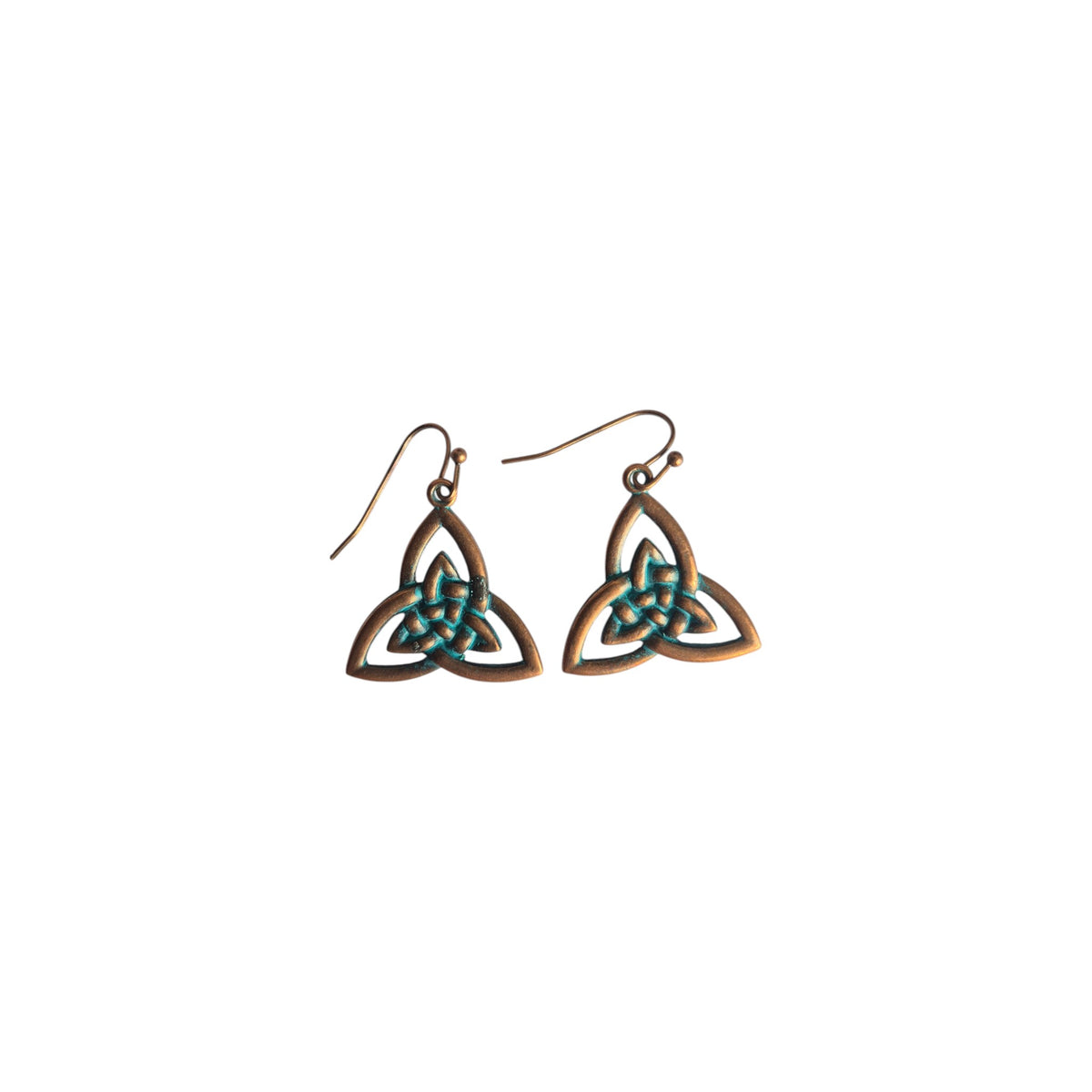 Pair of bronze-tone Celtic knot metal drop earrings with triangular interwoven loops, green central accents and hook ear wires on white