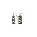 Pair of bronze-tone rectangular Celtic knot metal drop earrings with interwoven openwork, subtle green accents and hook ear wires on white