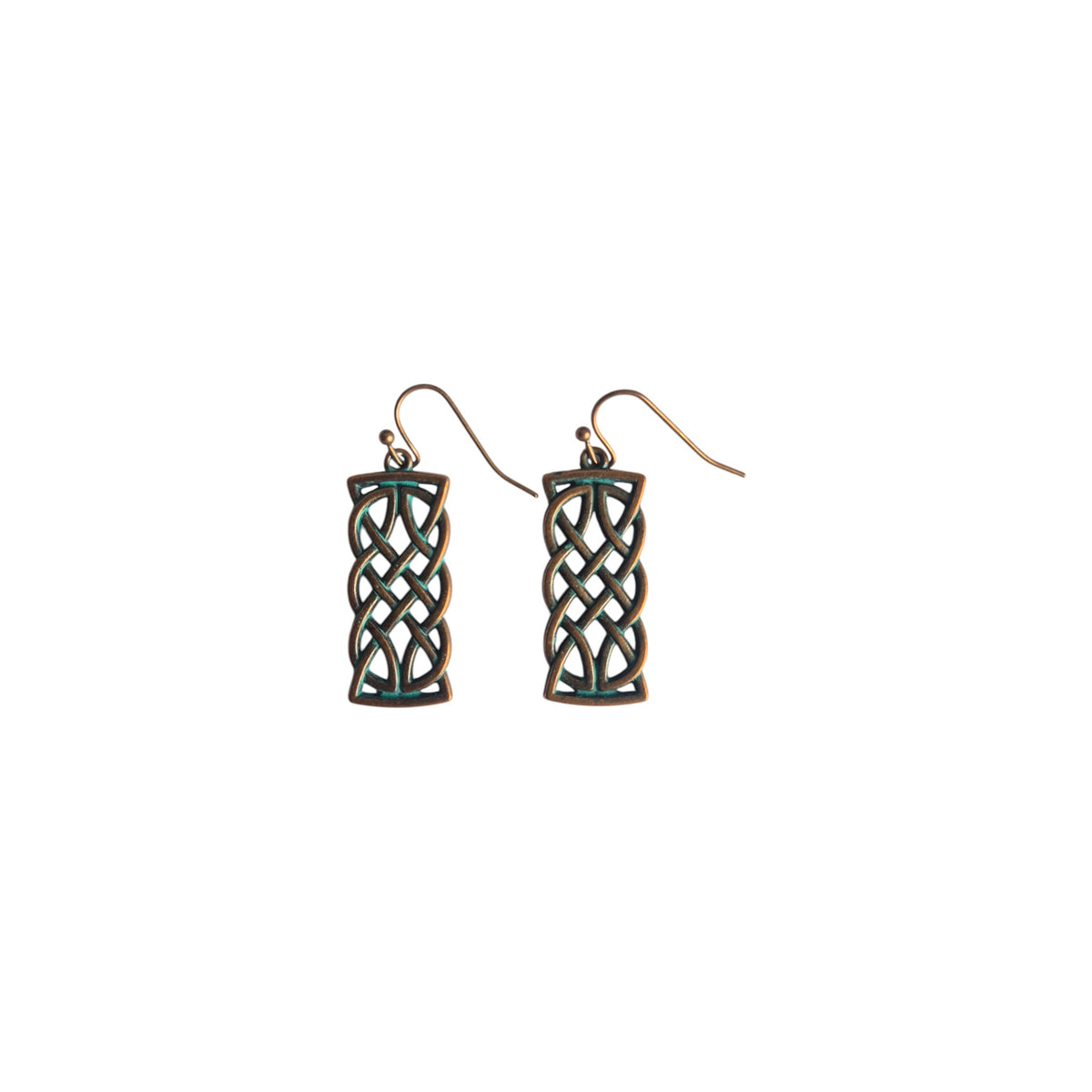 Pair of bronze-tone rectangular Celtic knot metal drop earrings with interwoven openwork, subtle green accents and hook ear wires on white