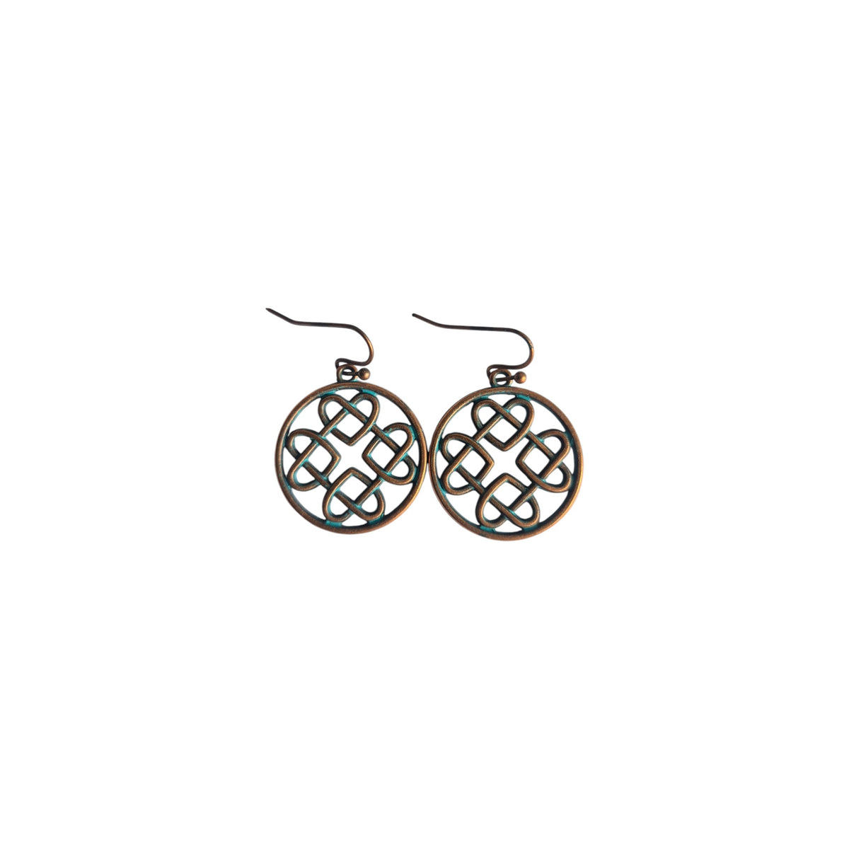 Pair of bronze-tone round metal drop earrings with four openwork Celtic heart knot motifs, subtle green accents and hook ear wires on white